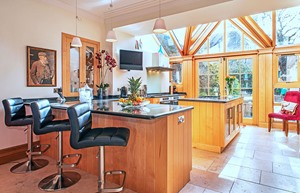 kitchen stools towards patio